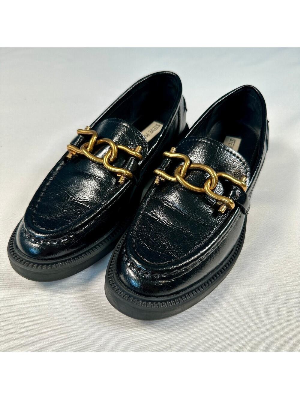 Steve Madden Karmine Black Leather Gold Chunky Chain Loafers Womens Size 6.5M